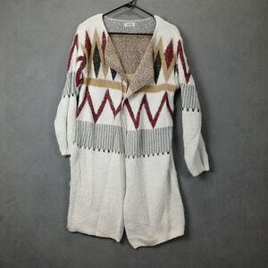 Oceanus Cardigan Sweater Womens Large White Fuzzy Eyelash‎ Tribal Long Outdoor
